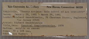 File: 'Anuszkiewicz Spectral Complementaries IV Verso 'Twenty Artists' Yale University Exhibition Label 1 (2020.01.22)'